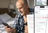 Man wearing Aidlab with ECG app screen and ECG reports