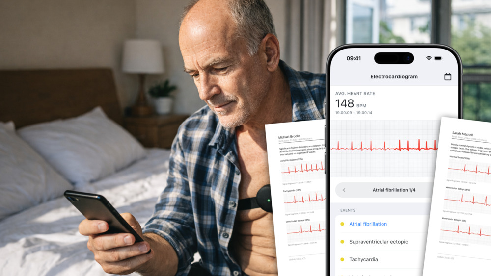 Man wearing Aidlab with ECG app screen and ECG reports