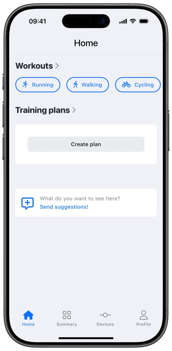 Ekran Start z sekcją Plany treningowe i kartą Bodyweight Workouts